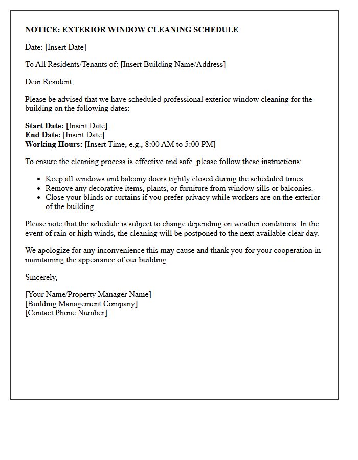 Exterior Window Cleaning Schedule Notice Letter