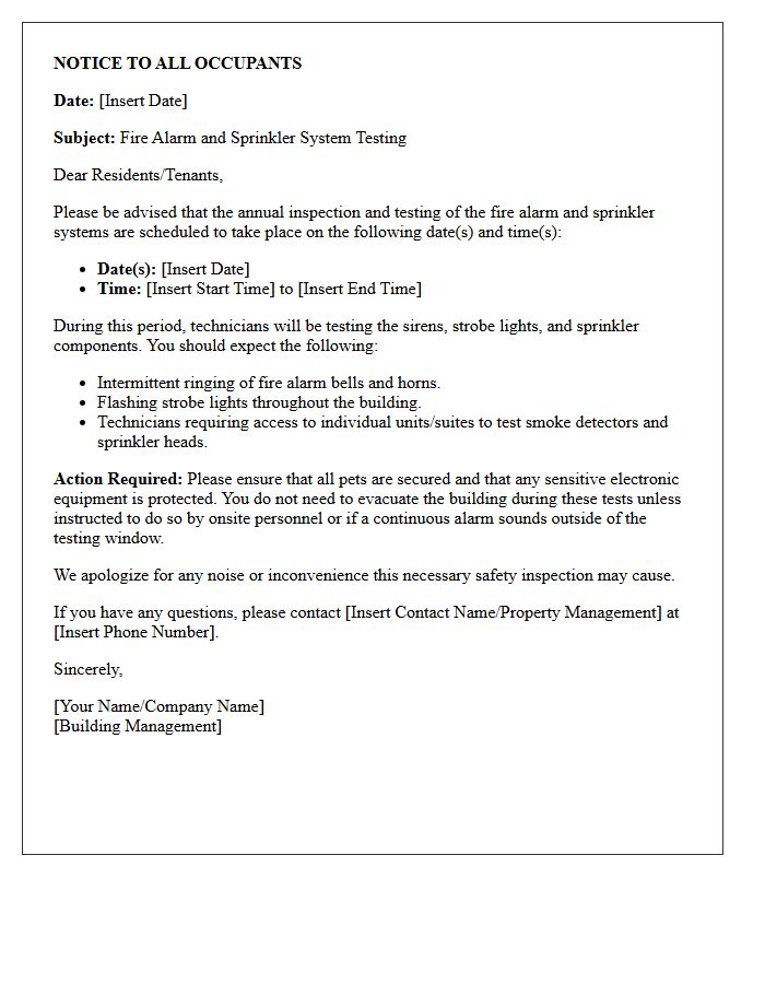 Fire Alarm and Sprinkler System Testing Notice Letter