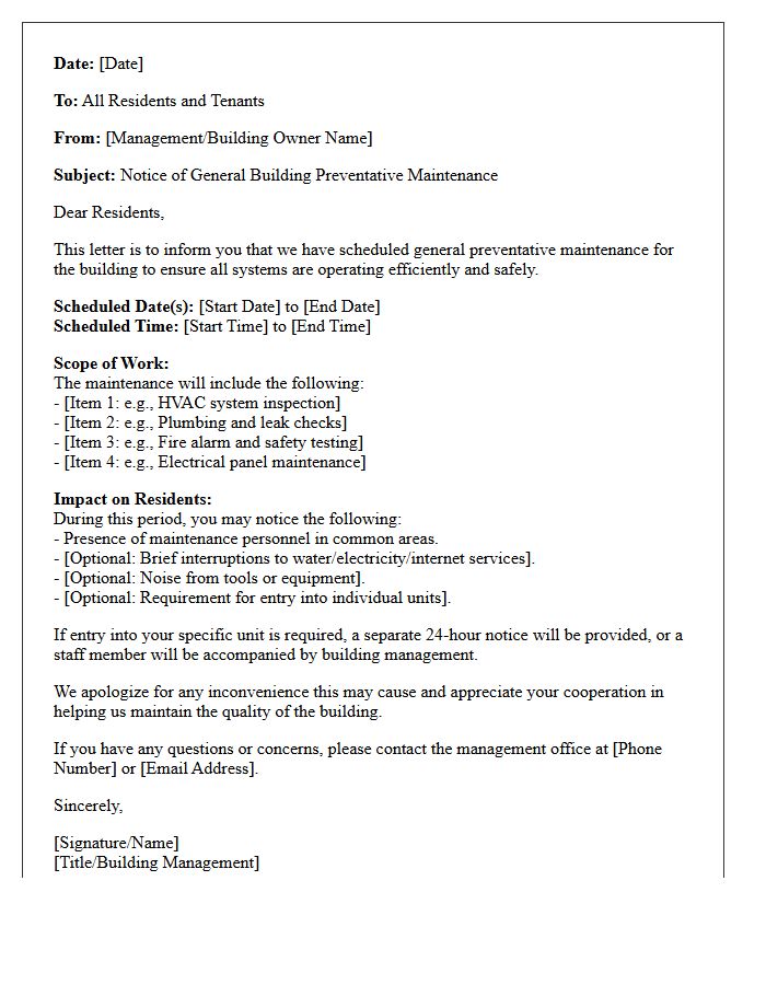 General Building Preventative Maintenance Notice Letter