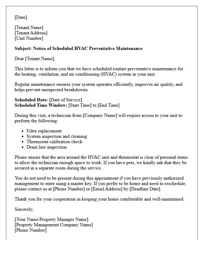 HVAC Preventative Maintenance Notice Letter
