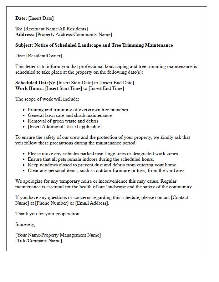 Landscape and Tree Trimming Maintenance Notice Letter