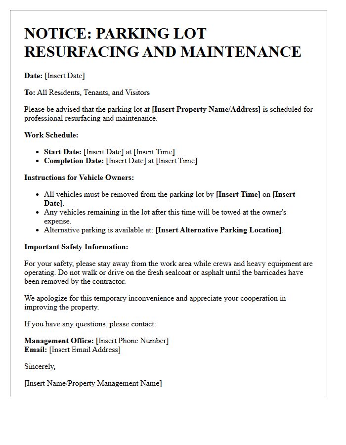 Parking Lot Resurfacing and Maintenance Notice Letter