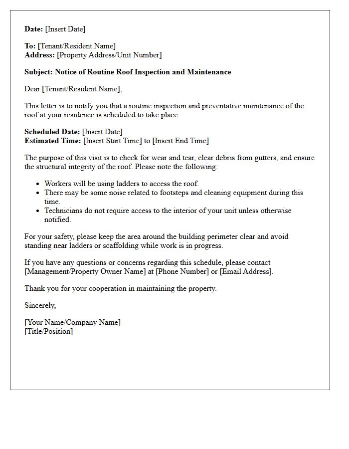 Roof Inspection and Routine Maintenance Notice Letter