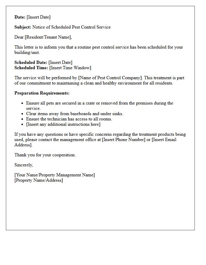 Scheduled Pest Control Service Notice Letter