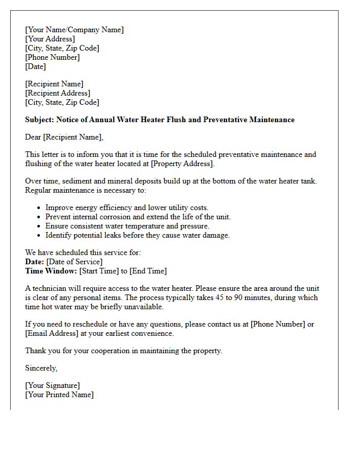 Water Heater Flush and Preventative Maintenance Letter
