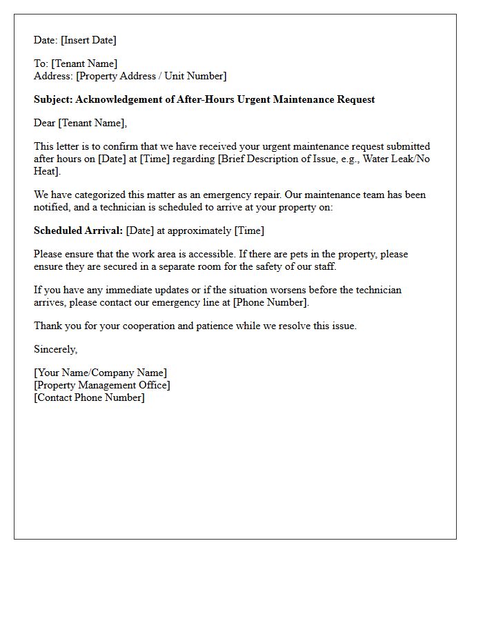 After-Hours Urgent Maintenance Request Acknowledgement Letter