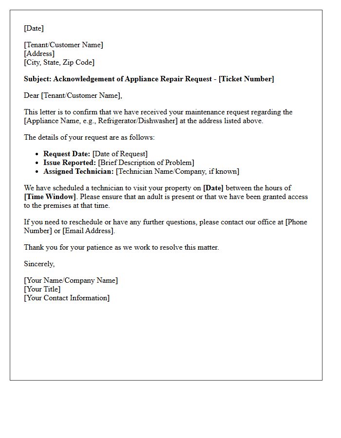 Appliance Repair Maintenance Request Acknowledgement Letter