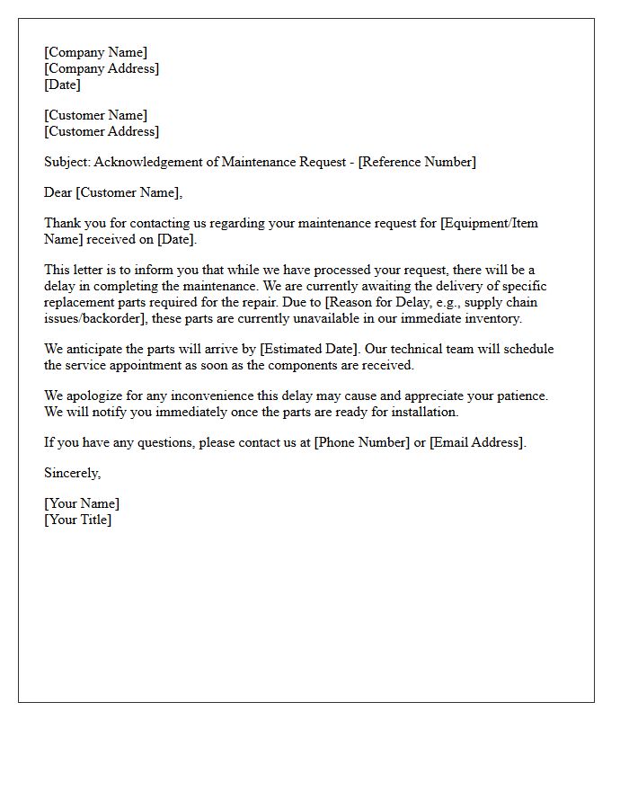 Delayed Parts Maintenance Request Acknowledgement Letter