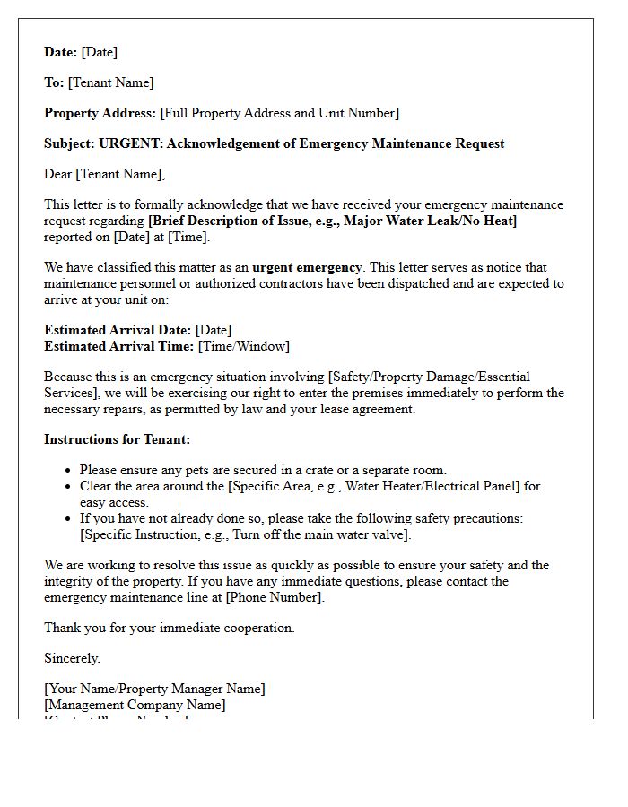 Emergency Maintenance Request Expedited Acknowledgement Letter