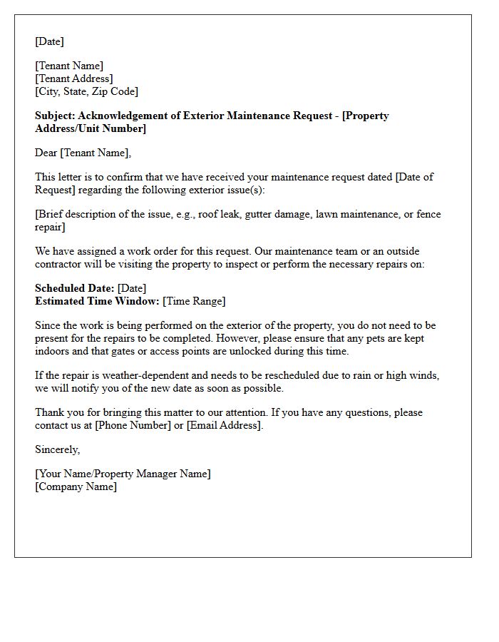 Exterior Property Maintenance Request Acknowledgement Letter
