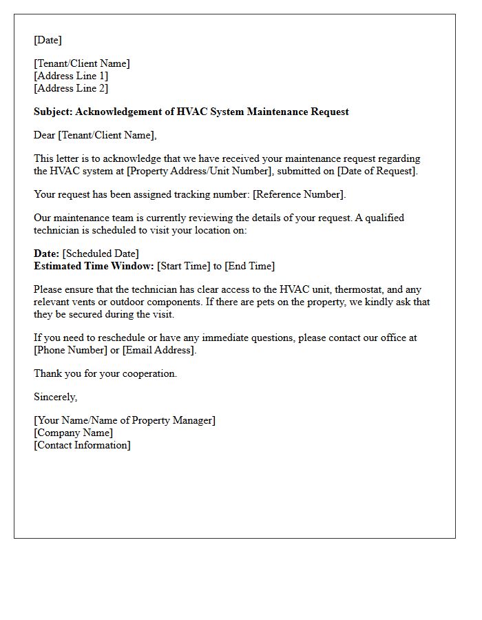 HVAC System Maintenance Request Acknowledgement Letter