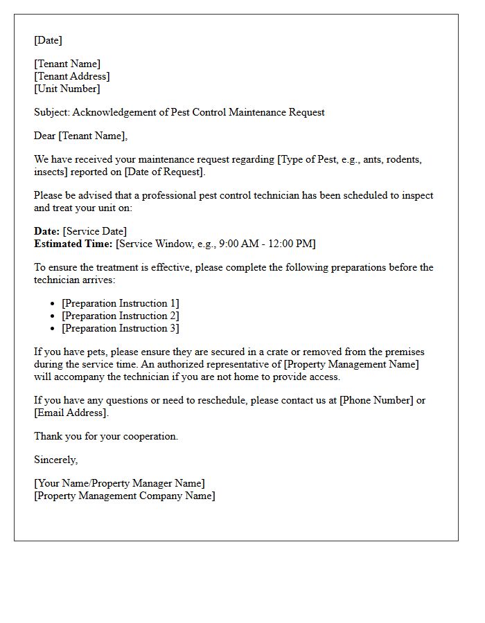 Pest Control Maintenance Request Acknowledgement Letter