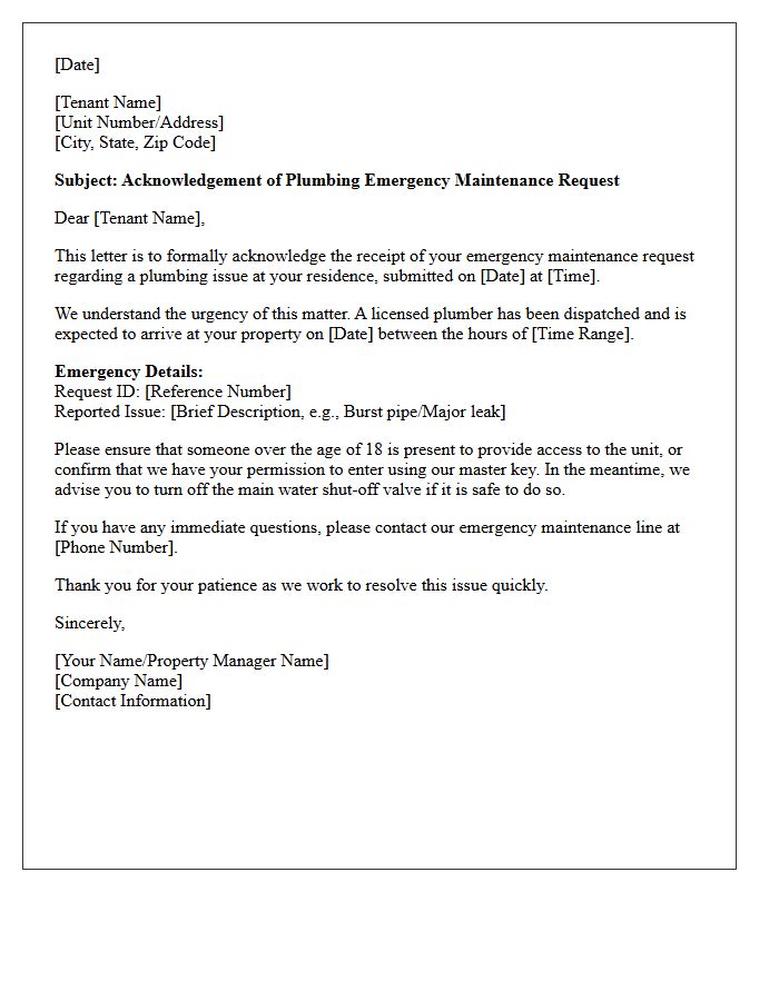 Plumbing Emergency Maintenance Request Acknowledgement Letter