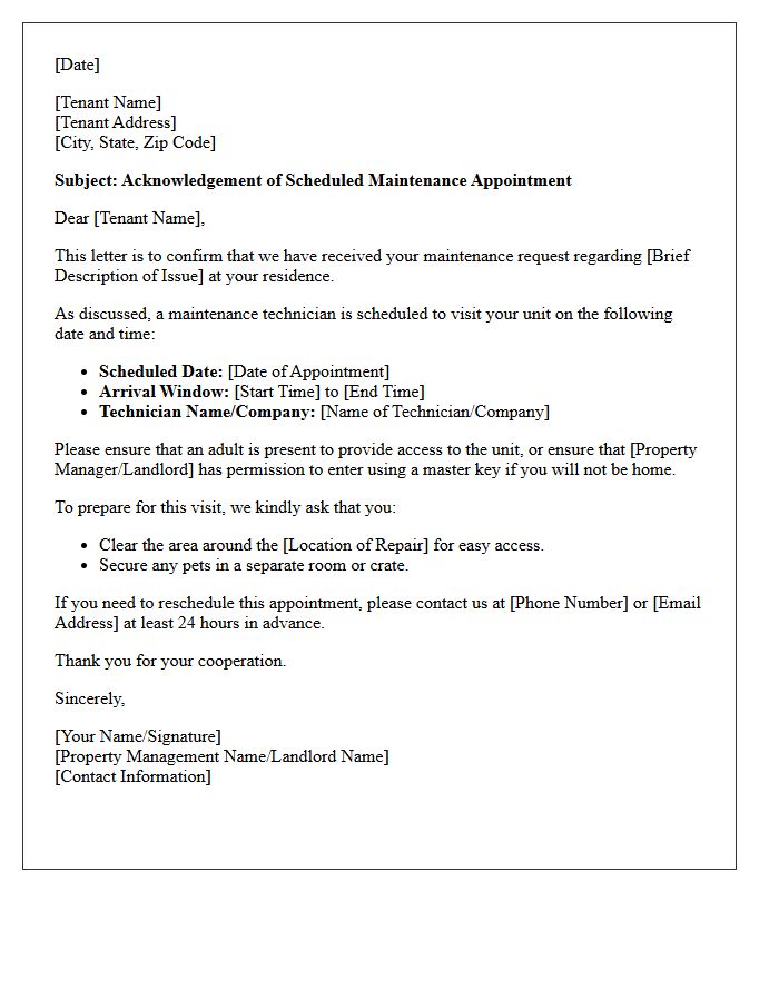 Scheduled Appointment Maintenance Request Acknowledgement Letter