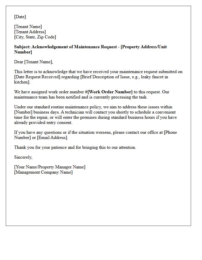 Standard Routine Maintenance Request Acknowledgement Letter