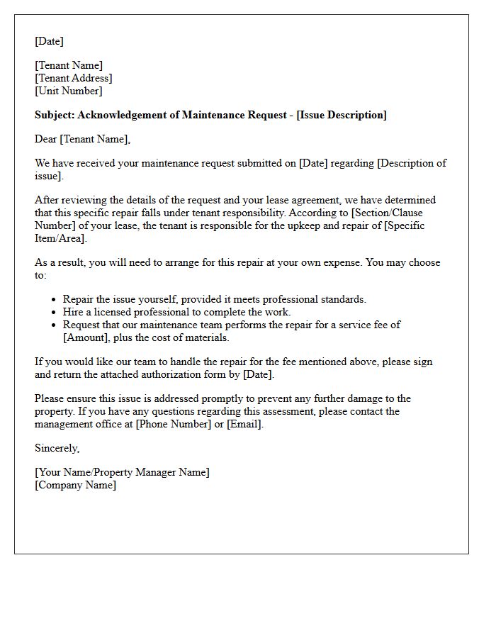 Tenant Responsibility Maintenance Request Acknowledgement Letter