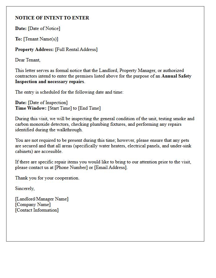 Notice of Intent to Enter for Annual Safety Inspection Repair Letter