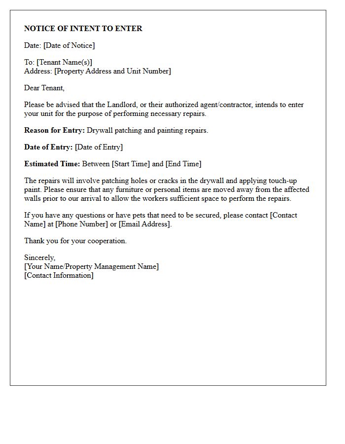 Notice of Intent to Enter for Drywall and Painting Patch Repair Letter