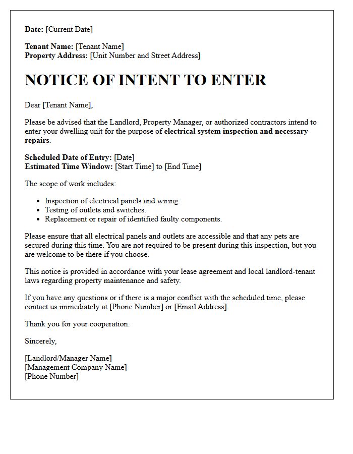 Notice of Intent to Enter for Electrical System Inspection and Repair Letter