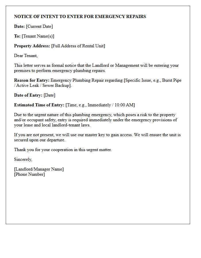 Notice of Intent to Enter for Emergency Plumbing Repair Letter