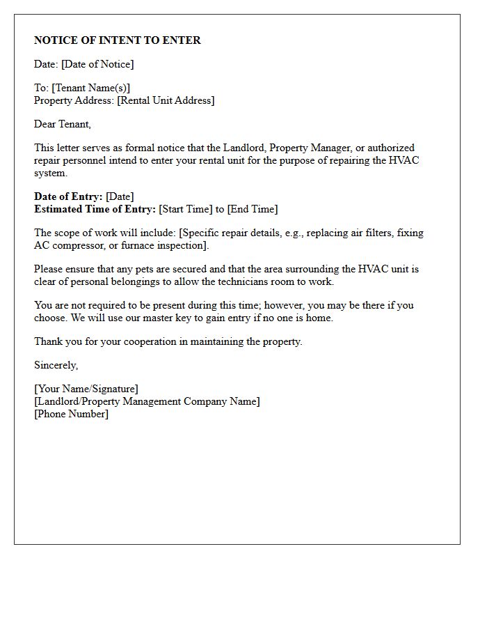 Notice of Intent to Enter for HVAC System Repair Letter