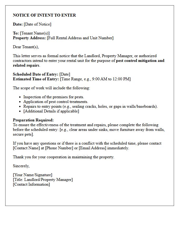 Notice of Intent to Enter for Pest Control Mitigation and Repair Letter