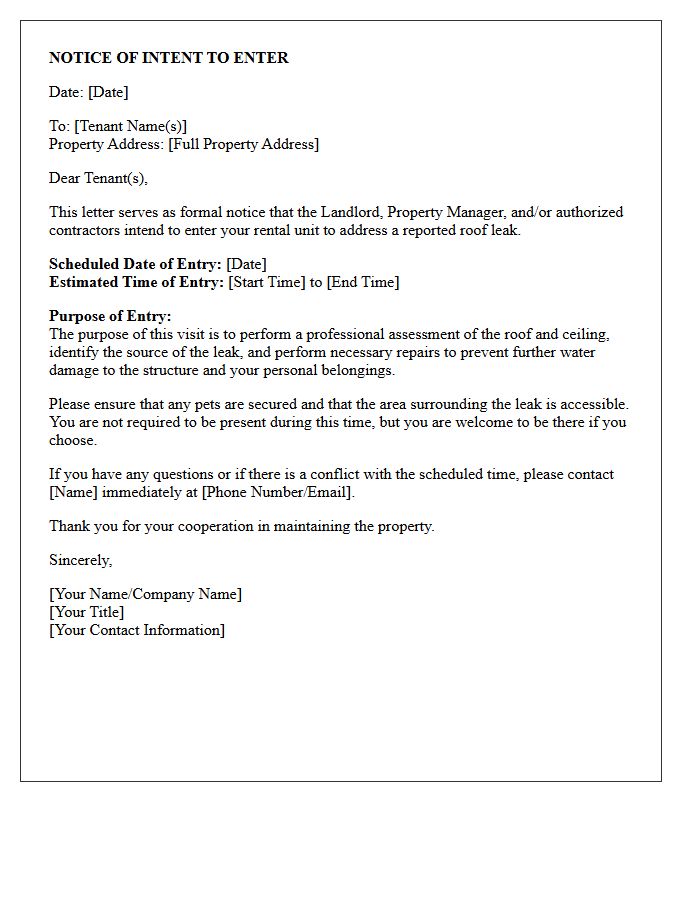 Notice of Intent to Enter for Roof Leak Assessment and Repair Letter