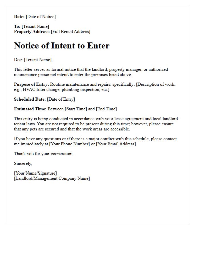 Notice of Intent to Enter for Routine Maintenance Repair Letter