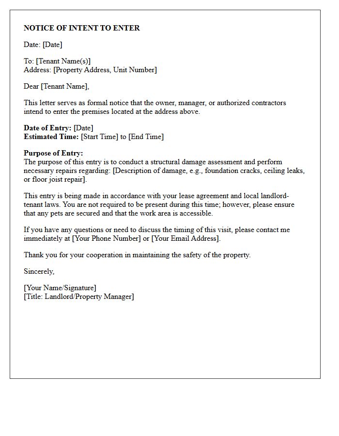 Notice of Intent to Enter for Structural Damage Assessment Repair Letter