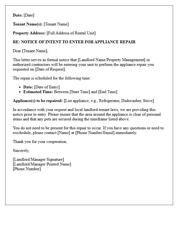 Notice of Intent to Enter for Tenant Requested Appliance Repair Letter