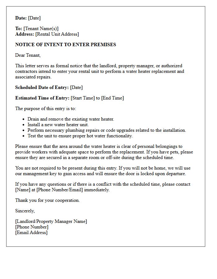 Notice of Intent to Enter for Water Heater Replacement and Repair Letter