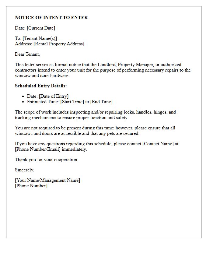 Notice of Intent to Enter for Window and Door Hardware Repair Letter