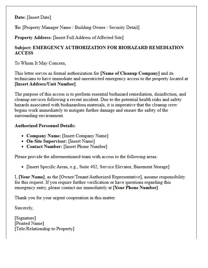 Biohazard Cleanup Emergency Access Letter