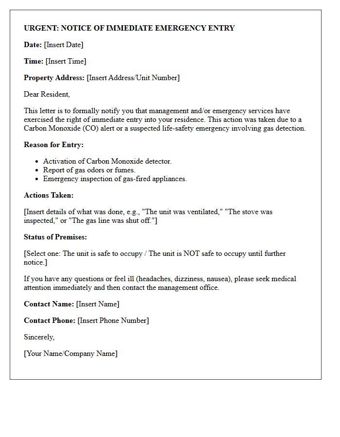 Carbon Monoxide Alert Immediate Entry Letter