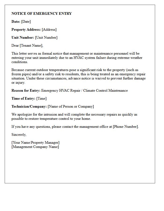 Extreme Weather HVAC Failure Entry Letter
