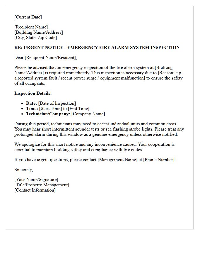 Fire Alarm System Emergency Inspection Letter