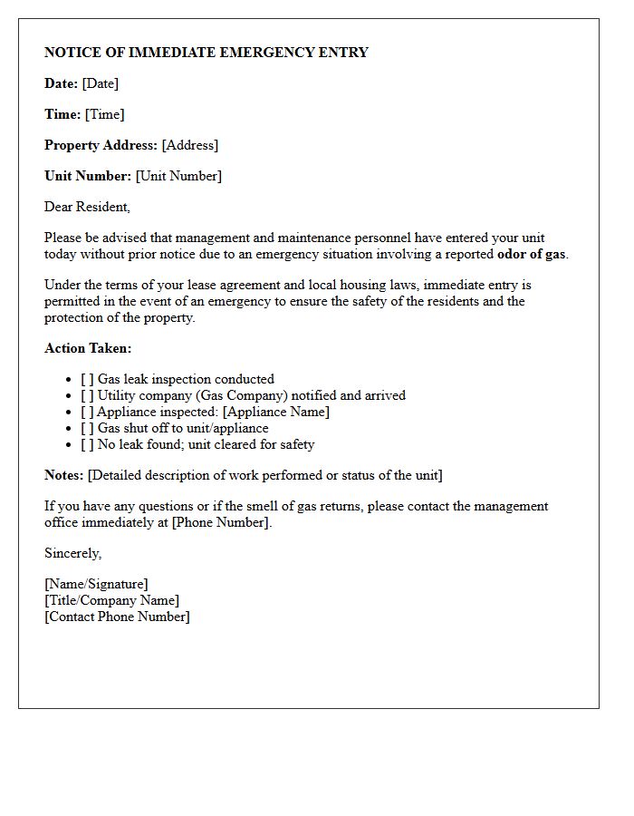 Gas Odor Immediate Maintenance Entry Letter