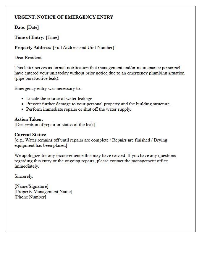 Plumbing Burst Immediate Entry Notification Letter