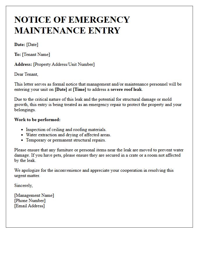 Severe Roof Leak Maintenance Entry Letter