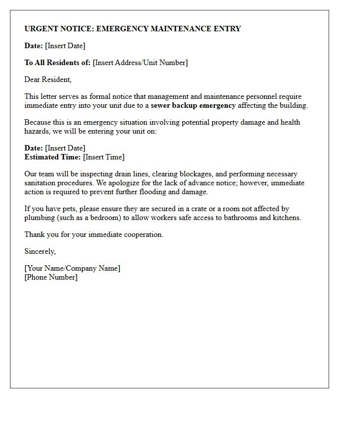 Sewer Backup Urgent Maintenance Entry Letter