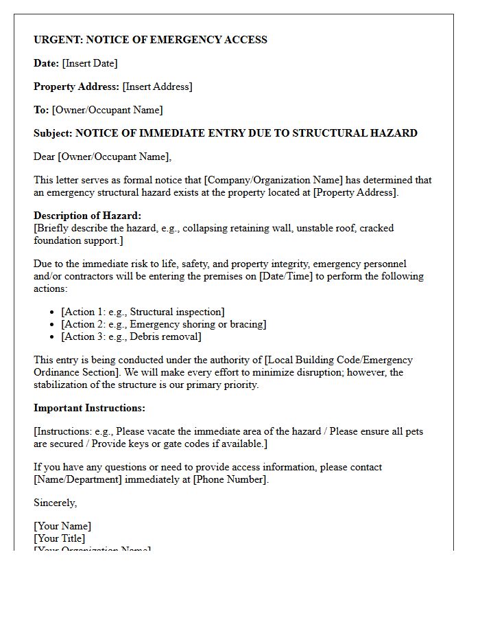 Structural Hazard Emergency Access Letter
