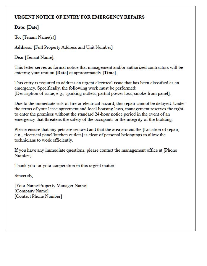 Urgent Electrical Repair Entry Notice Letter