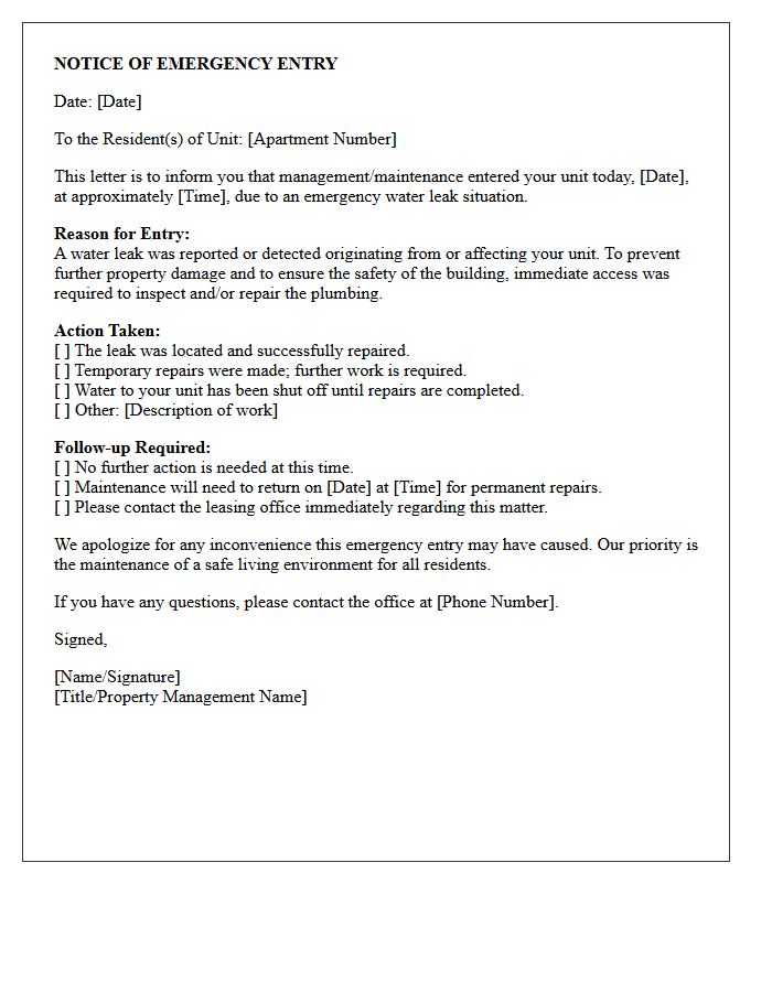 Water Leak Emergency Entry Notification Letter