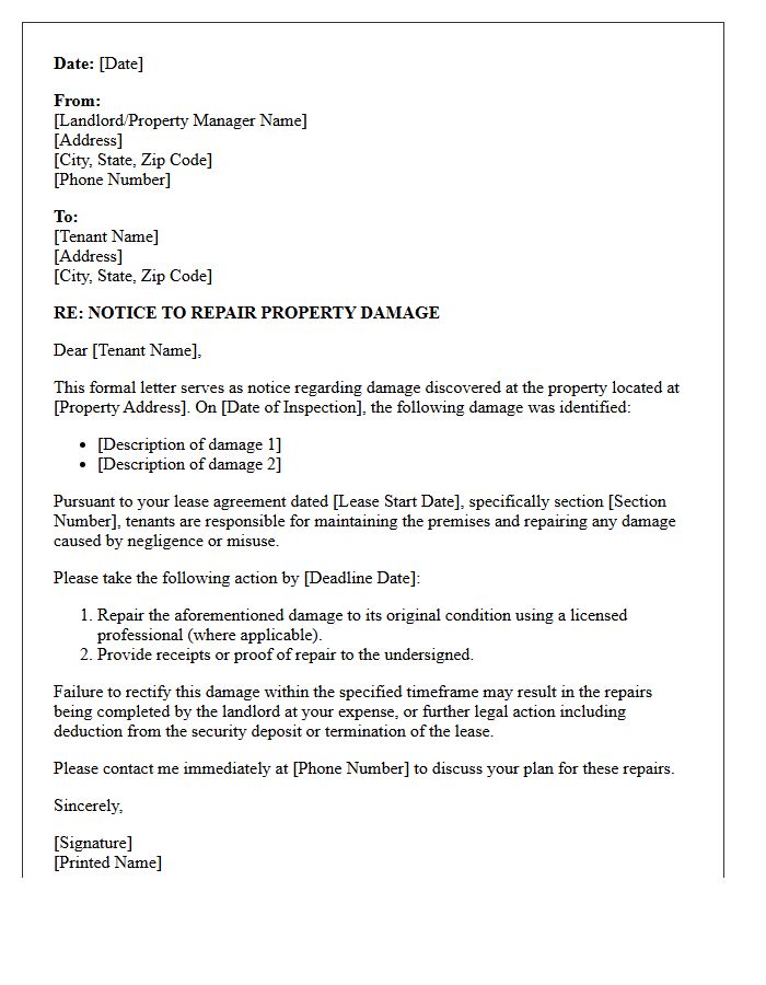 Formal Letter of Notice to Correct Property Damage by Tenant