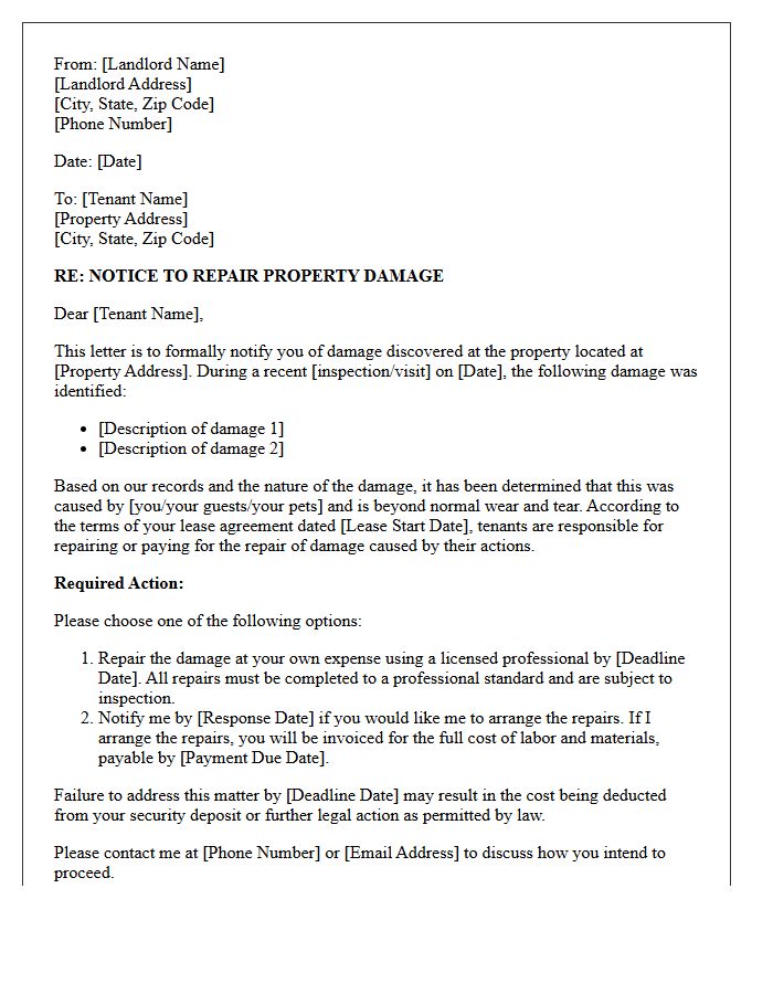 Landlord Notice Letter to Repair Tenant-Caused Property Damage
