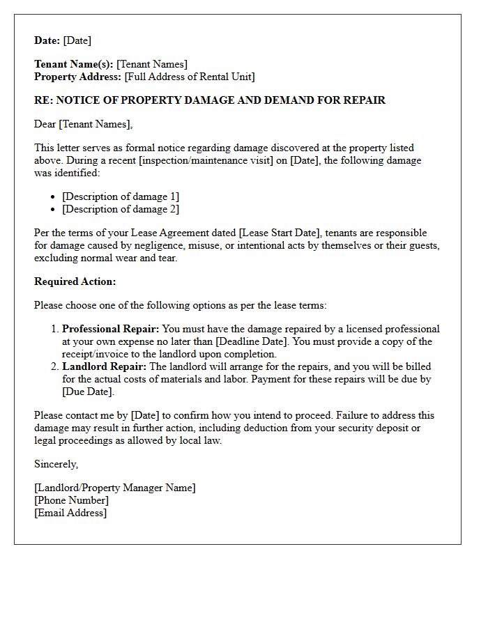 Notice of Tenant-Caused Property Damage and Required Correction Letter