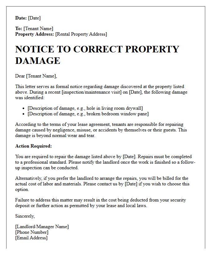 Notice to Correct Tenant-Caused Property Damage Letter