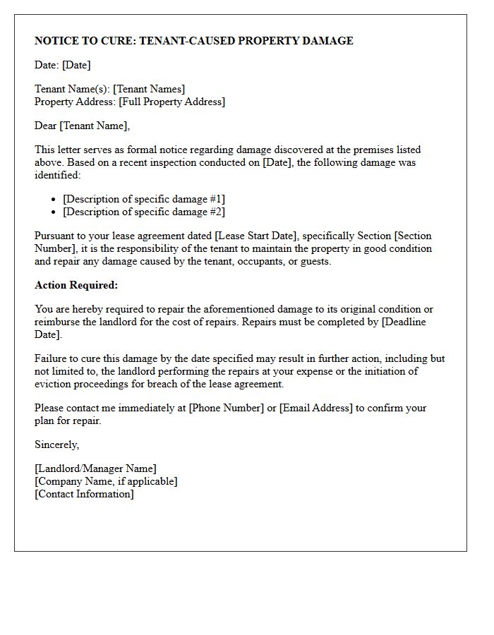 Notice to Cure Tenant-Caused Property Damage Letter
