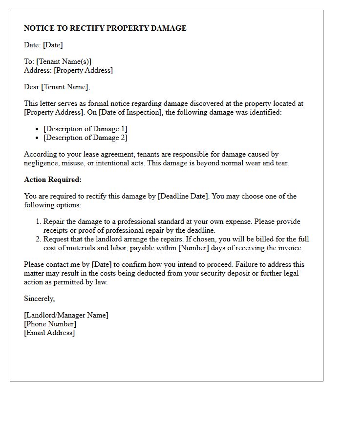 Notice to Rectify Tenant-Caused Property Damage Letter