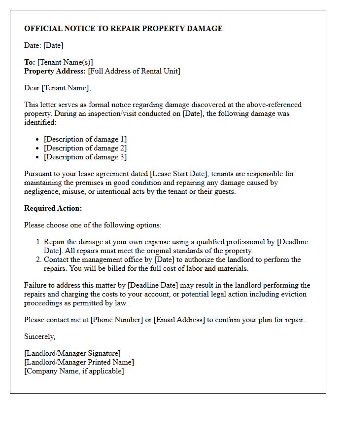 Official Letter of Notice to Repair Tenant Property Damage